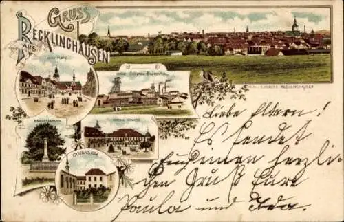 Litho Recklinghausen im Ruhrgebiet, Gesamtansicht, Zeche General Blumenthal, Gymnasium, Marktplatz