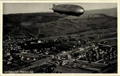 Ak Haltingen Weil am Rhein, Fliegeraufnahme, Zeppelin