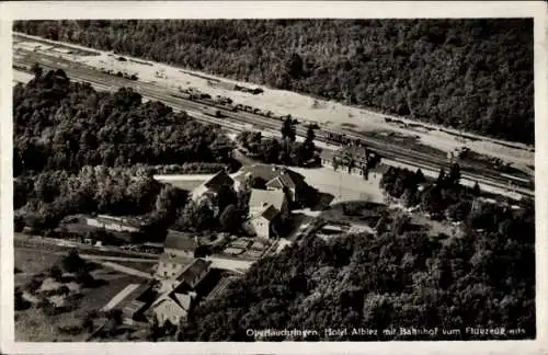 Ak Oberlauchringen Lauchringen in Baden, Hotel Albiez, Bahnhof, Fliegeraufnahme