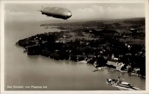 Ak Bad Schachen Lindau am Bodensee Schwaben, Fliegeraufnahme, Luftschiff, Zeppelin