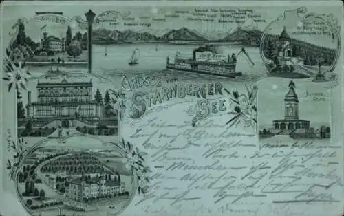 Mondschein Litho Starnberg am Starnberger See Oberbayern, Panorama, Schiff Bavaria, Schloss Berg