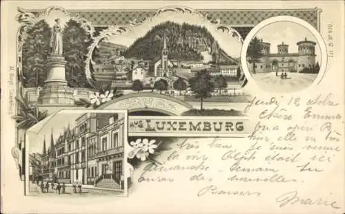 Litho Luxemburg Luxembourg, Teilansichten, Straßenpartie, Denkmal