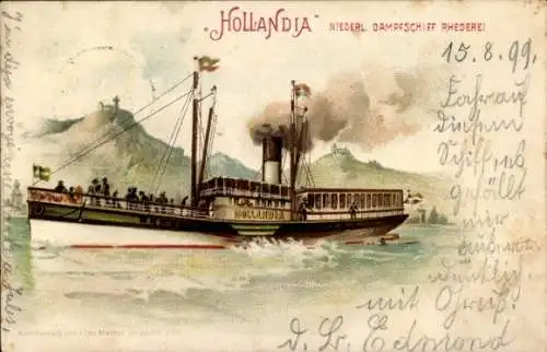 Litho Dampfer Hollandia auf dem Rhein, Niederländische Dampfschiff Rhederei