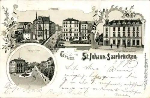 Litho St. Johann Saarbrücken, Reichsstraße, Hotel zur Post, Ed Schneider