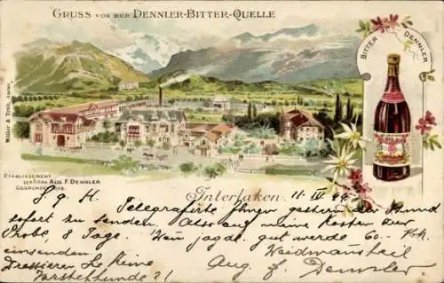 Litho Interlaken Kanton Bern Schweiz, Gruss von der Dennler Bitter Quelle, Flasche