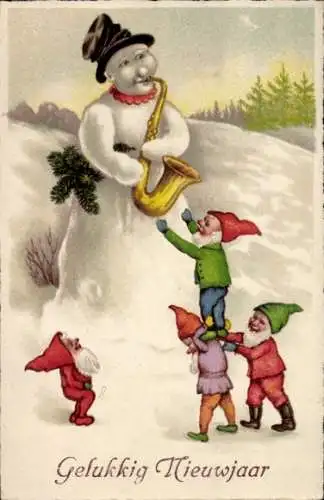 Ak Glückwunsch Neujahr, Zwerge, Schneemann mit Saxophon