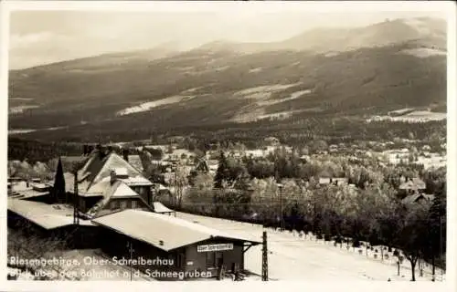 Ak Szklarska Poręba Ober-Schreiberhau Riesengebirge Schlesien, Schneegruben, Bahnhof, Winter