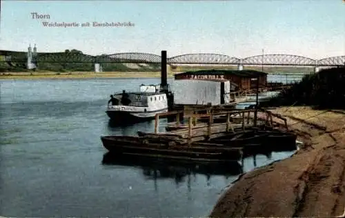 Ak Toruń Thorn Westpreußen, Weichsel, Dampfer Hoffnung, Eisenbahnbrücke, Anlegestelle