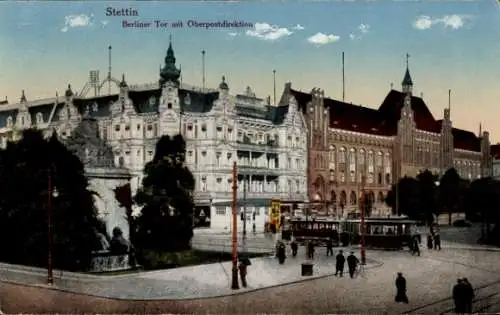 Ak Szczecin Stettin Pommern, Berliner Tor mit Oberpostdirektion, Straßenbahn