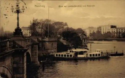 Ak Hamburg, Blick auf Lombardsbrücke und Alsterufer, Boot