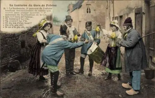 Ak Calvados Frankreich, Französische Tracht, Normandie, Menschen mit Laternen, Trommel
