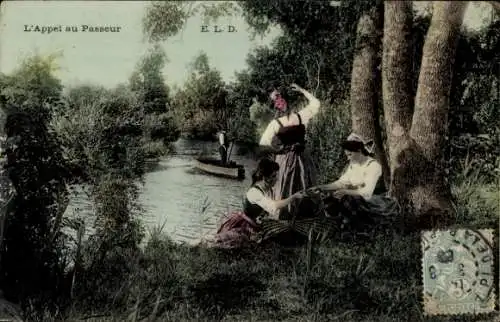 Ak Frankreich, Französische Tracht, Frauen wollen Fluss überqueren, Ruderboote