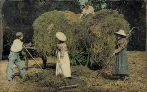 Ak Landwirtschaft, Bauern, Heuernte, Harke, Fuhrwerk