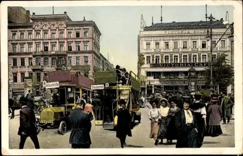 Ak Berlin Mitte, Unter den Linden Ecke Friedrichstraße, Victoria Cafe, Omnibusse Linie 4, Passanten