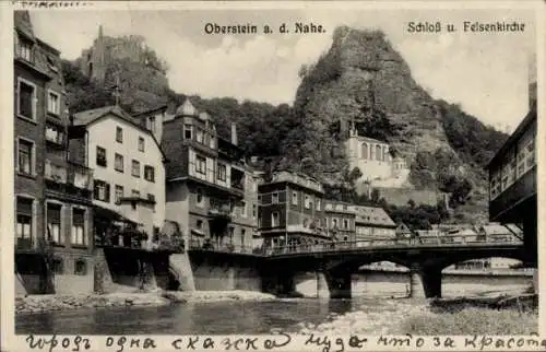 Ak Idar Oberstein an der Nahe, Teilansicht, Brücke, Schloss, Felsenkirche