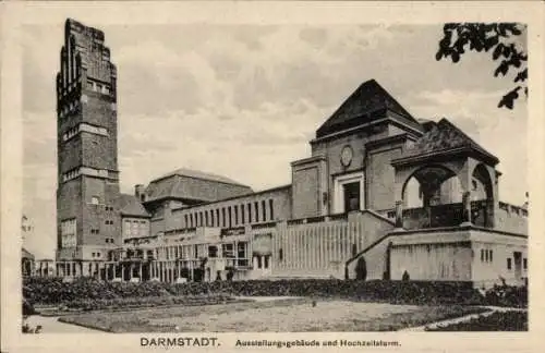 Ak Darmstadt in Hessen, Ausstellungsgebäude und Hochzeitsturm