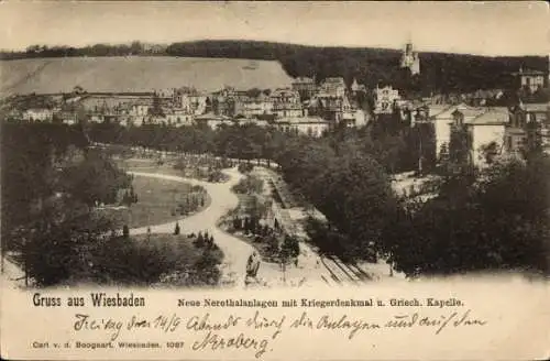 Ak Wiesbaden in Hessen, Neue Nerotalanlagen, Kriegerdenkmal, griechische Kapelle