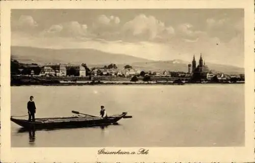 Ak Geisenheim am Rhein Hessen, Boot, Ort im Hintergrund