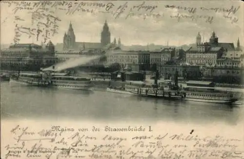 Ak Mainz am Rhein, Teilansicht, Dampfer, Blick von der Straßenbrücke I