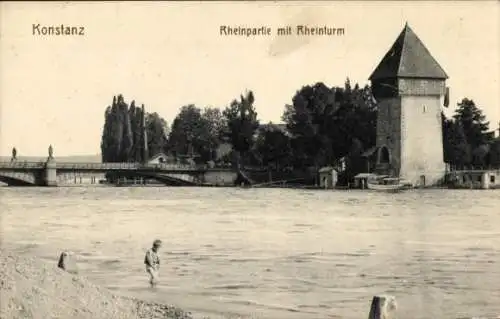 Ak Konstanz am Bodensee, Rhein, Rheinturm, Brücke