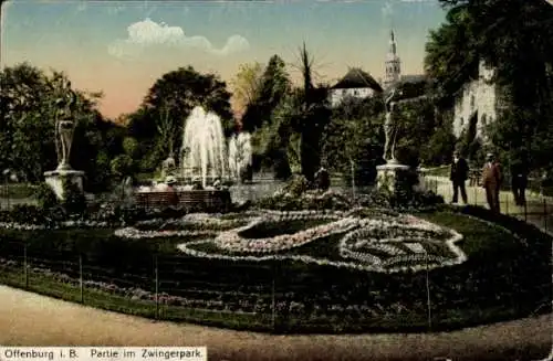 Ak Offenburg in Baden Schwarzwald, Zwingerpark, Wasserfontäne