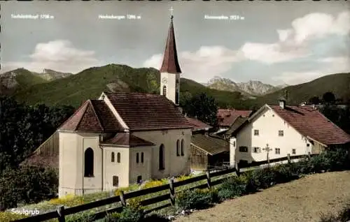 Ak Saulgrub in Oberbayern, Franziskuskirche, Ammergauer Berge, Teufelskopf, Klammspitze