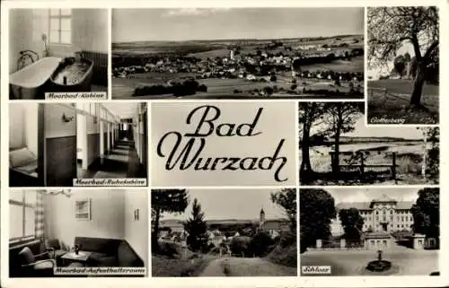 Ak Bad Wurzach in Oberschwaben, Gesamtansicht, Moorbad Kabine, Schloss, Gottesberg, Aussichtsbank