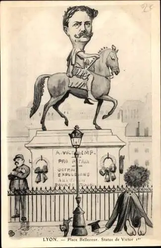 Künstler Ak Lyon Rhône, Place Bellecour, Statue de Victor Ier, Karikatur