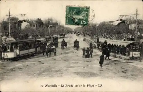 Ak Marseille Bouches du Rhône, Le Prado vu de la Plage
