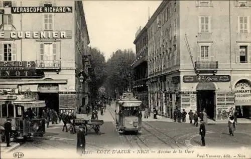 Ak Nizza Nizza Alpes Maritimes, Avenue de la Gare, Straßenbahn