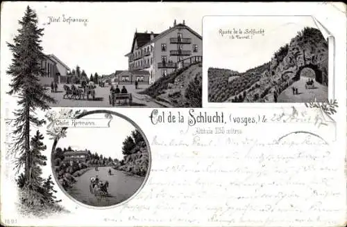 Litho Col de la Schlucht Vosges, Hotel Defranoux, Chalet Hartmann, Route de la Schlucht