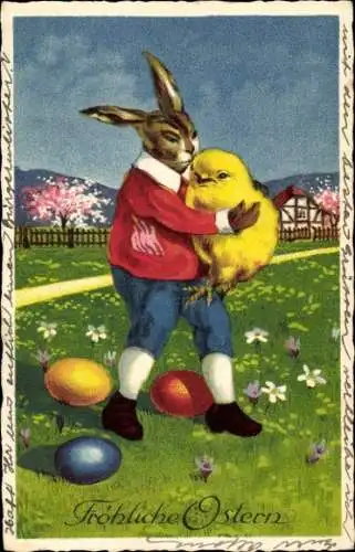 Ak Glückwunsch Ostern, Osterhase kuschelt mit Küken, Ostereier