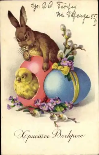 Ak Glückwunsch Ostern, Osterhase, Küken, Ostereier, Weidenkätzchen