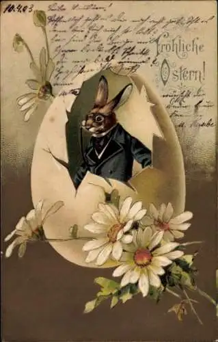 Präge Litho Glückwunsch Ostern, Osterhase in Mantel, Osterei, Blumen