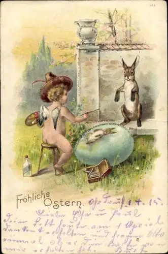 Präge Litho Glückwunsch Ostern, Engel malt einen Osterhasen, Osterei