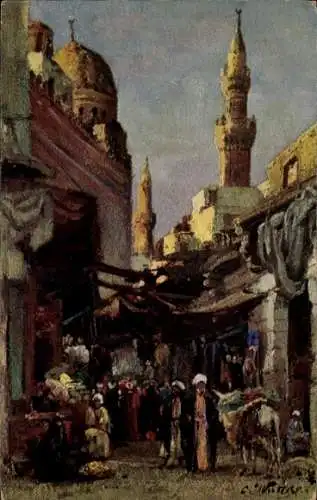 Künstler Ak Wuttke, Carl, Cairo Kairo Ägypten, Straßenszene, Minarett