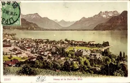 Ak Vevey Kanton Waadt, Gesamtansicht, Dent du Midi