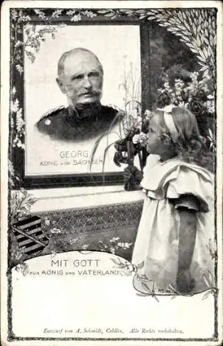 Passepartout Ak König Georg von Sachsen, Mit Gott für König und Vaterland, Mädchen, Trauerkarte