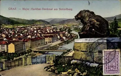 Ak Graz Steiermark, Major Hackher-Denkmal, Hackher-Löwe, Schlossberg