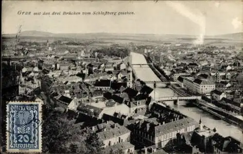 Ak Graz Steiermark, Schlossbergpanorama, drei Brücken