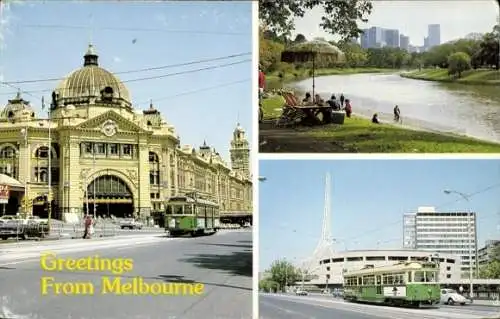 Ak Melbourne Australien, Flinders Street Station, Yarra River, Straßenbahn