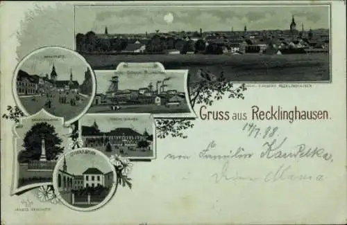 Mondschein Litho Recklinghausen, Zeche General Blumenthal, Marktplatz, Gymnasium, Schloss, Denkmal