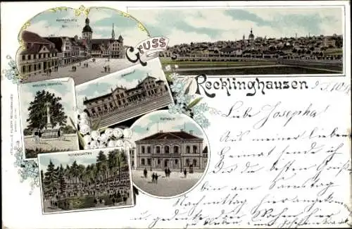 Litho Recklinghausen, Bahnhof, Marktplatz, Kriegerdenkmal, Rathaus, Rosengarten, Gesamtansicht