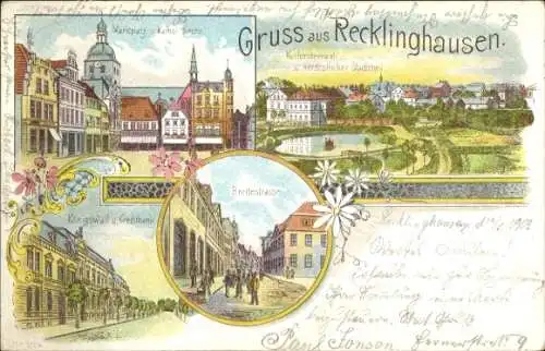 Litho Recklinghausen, Marktplatz, Kirche, Kurfürstenwall, Königswall, Kreditbank, Breitestraße