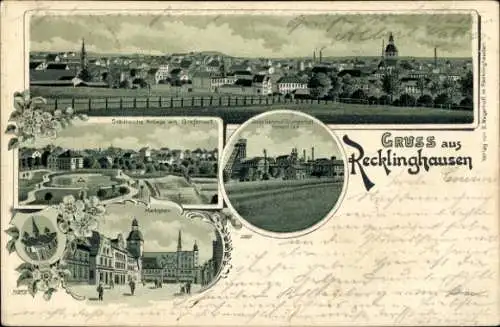 Litho Recklinghausen, Zeche General Blumenthal, Marktplatz, Städt. Anlagen am Grafenwall