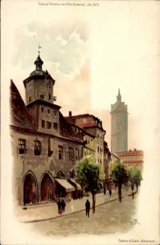 Künstler Litho Jena Thüringen, Straßenpartie vor dem Rathaus, Kirchturm