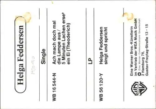 Ak Sängerin Helga Feddersen, Portrait, Autogramm