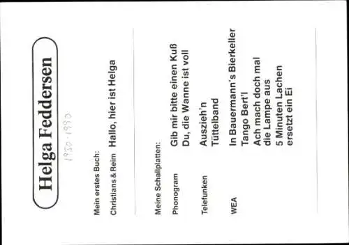 Ak Sängerin Helga Feddersen, Portrait, Autogramm