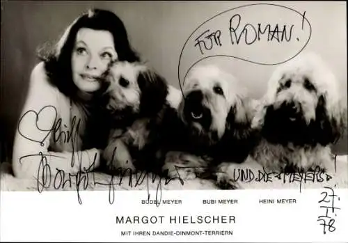 Ak Schauspielerin Margot Hielscher, Portrait, Dandie-Dinmont-Terrier "die Meyers", Autogramm