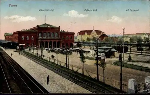 Ak Poznań Posen, Hauptbahnhof, Gleisseite, St. Lazarus, Postamt W 3